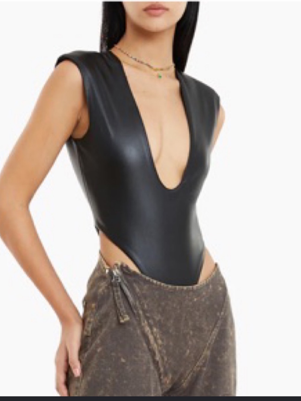 Ruve Faux Leather Black V-Neck Bodysuit size S